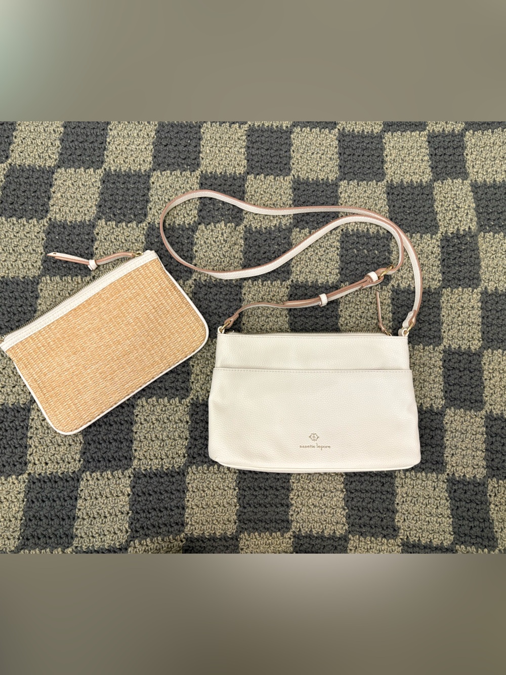 Nanette Lepore Ivory Crossbody with Tan Straw Zip Pouch